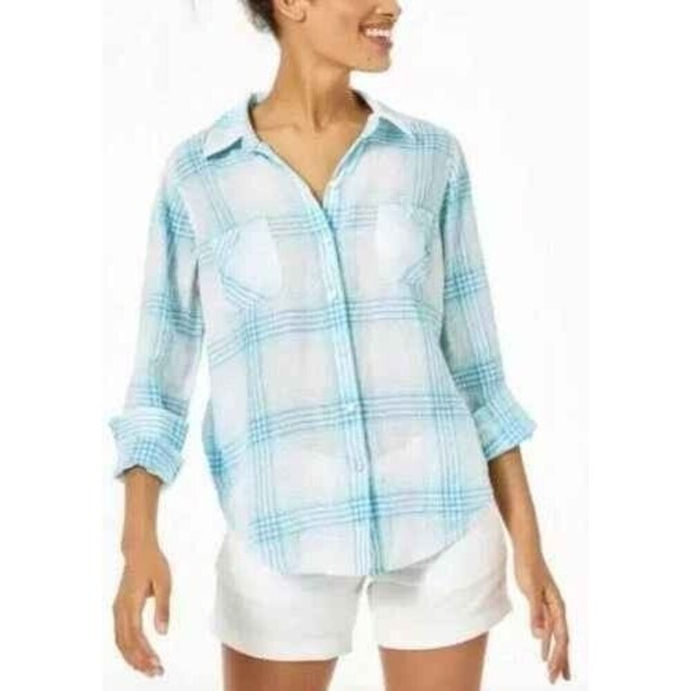 Lilly Pulitzer Sea View Button Up Shirt Medium 100% Linen Gauze Resort Coastal